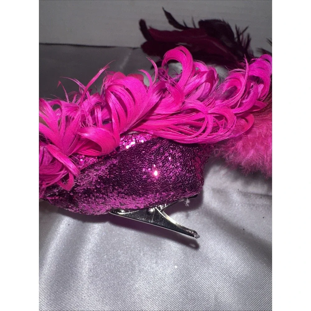 Pink Purple Glitter Peacock Feather Christmas Ornament Clip On Long Tail 16 Inch